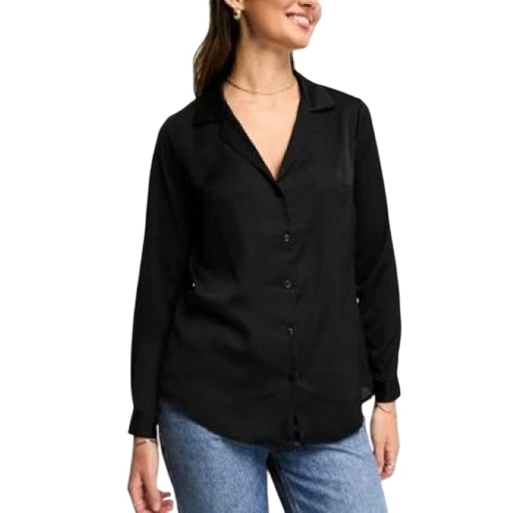 Asos Relaxed Black Satin Button Down Shirt Size US 0